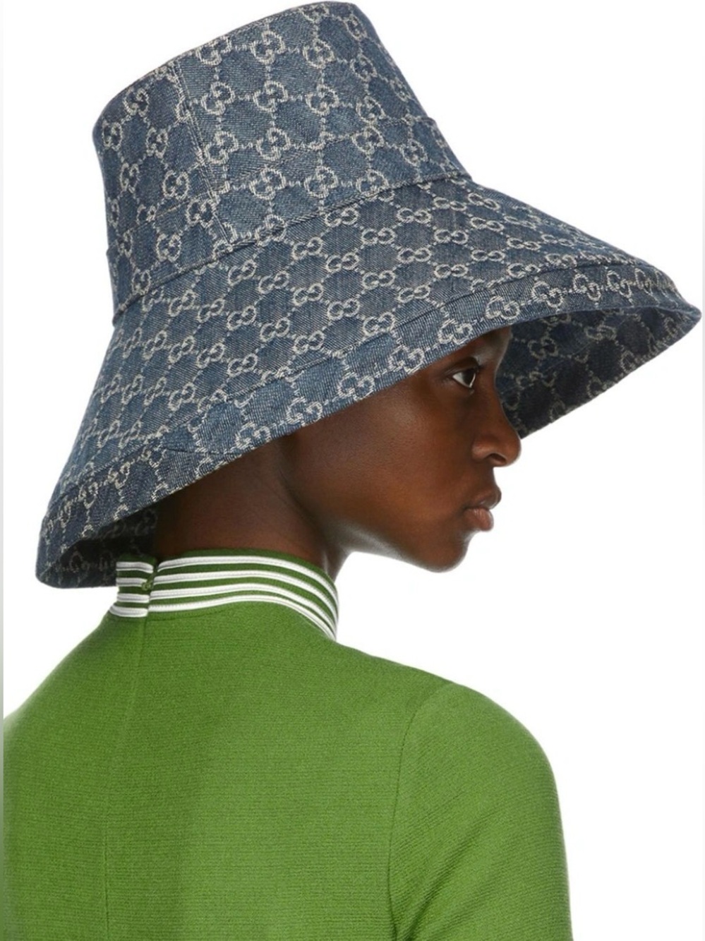 Denim Monogram Sun Coverage Beach Bucket Hat Wide Large Brim Jacquard Navy Blue - Picture 6 of 15